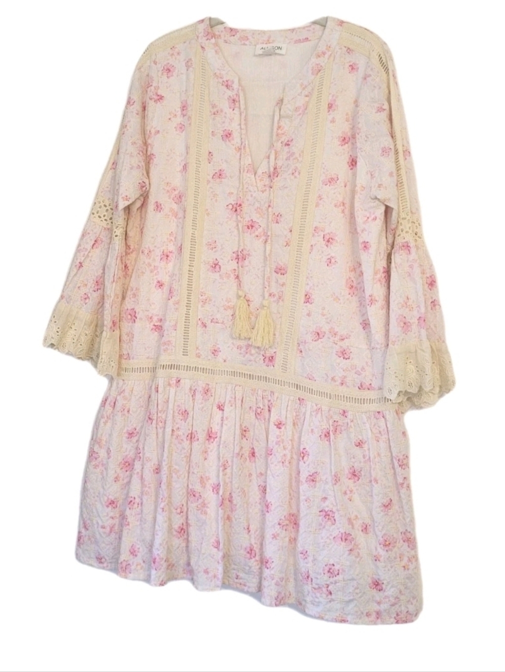 Embroidered Drop Waist Dress Eyelet Boho Floral Bell Sleeve Cottage Cream SIze L - Picture 5 of 15